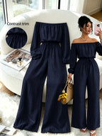 Spring/Summer Women's Fashion Off-the-Shoulder Solid Color Jumpsuit, High-Waisted Slim Fit, Figure-Flattering, Loose Fit, Casual Commuter Daily Jumpsuit - Navy blue color