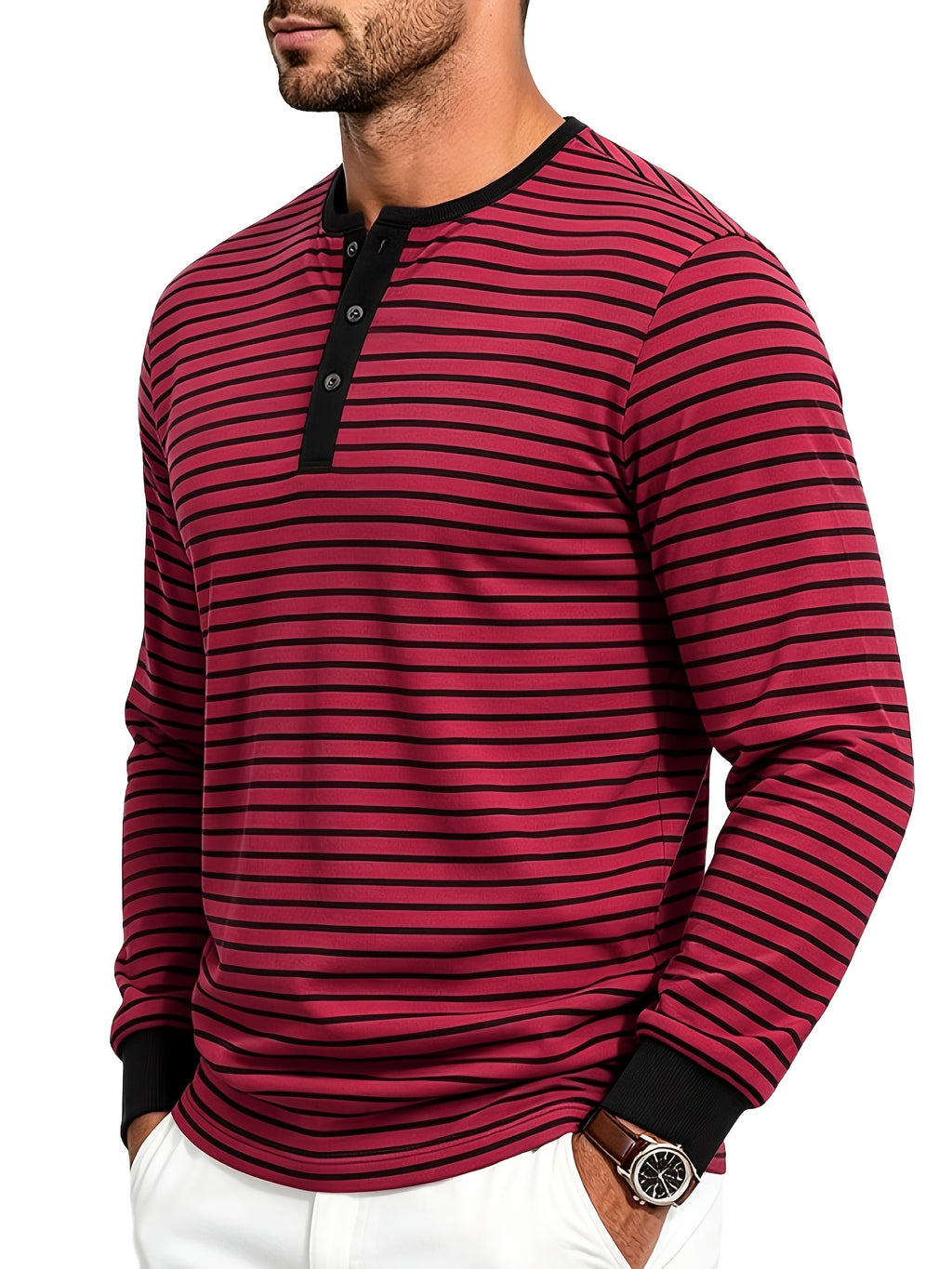 Men'S Spring Autumn Casual Loose Easy Striped Outdoor Commuter Long Sleeve Henley Shirt - Red