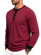 Men'S Spring Autumn Casual Loose Easy Striped Outdoor Commuter Long Sleeve Henley Shirt - Red
