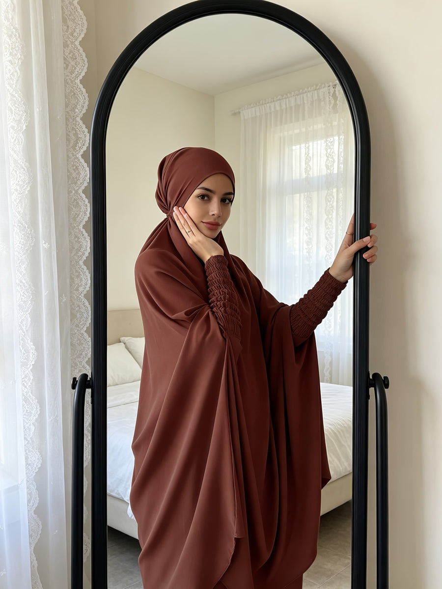 Casual Modest Outfit Set with Matching Head Wrap, Lightweight Breathable Loose Fit Puff Sleeve Top and Maxi Skirt for Everyday Use - Maroon