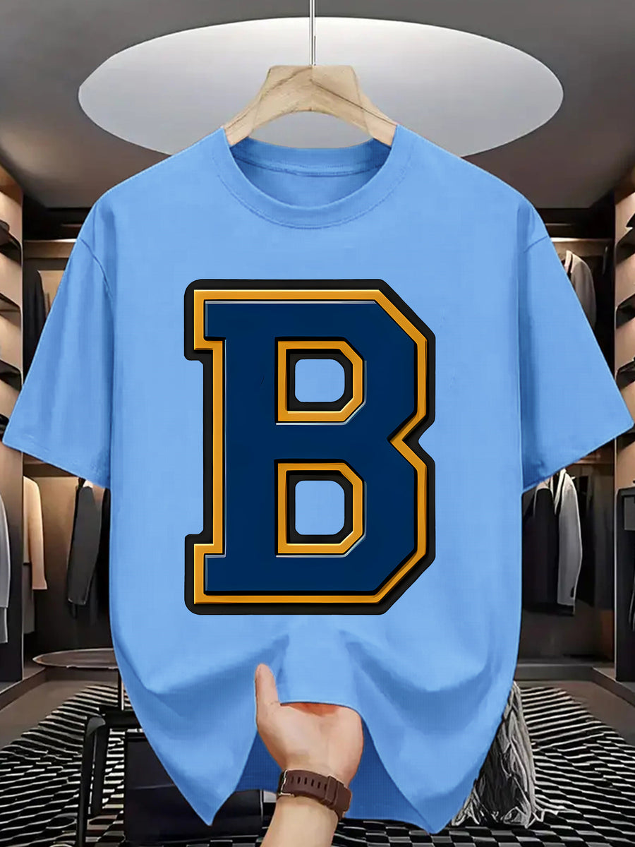 Men'S Summer Casual T-Shirt with Bold "B" Letter Print - Lightweight Polyester, Round Neck, Short Sleeve, Regular Fit, Perfect for Casual Attire, Everyday Tshirt | Trendy Casualwear | Durable Fabric - Sky Blue
