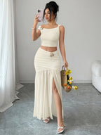 Elegant 2pcs Set for Women, Featuring a Strappy Crop Top and a Slit Maxi Skirt with Metallic Embellishments. The Slim-fit Design Is Perfect for High-end Occasions Such as Dates, Evening Parties, Gatherings, and Vacations - Apricot