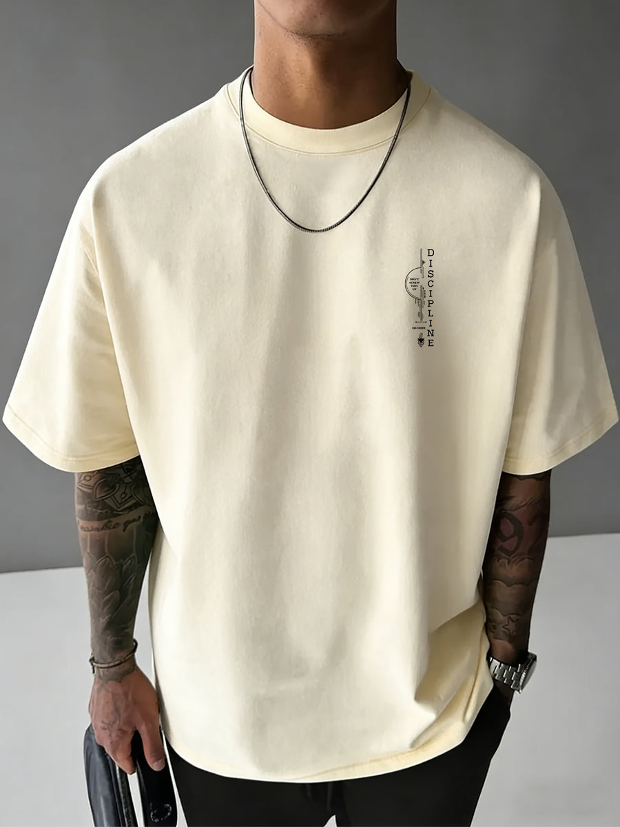 Men'S 100% T-Shirt, Letter Print on Back, Comfortable And Breathable, All-Season Wear, Casual Style - Apricot