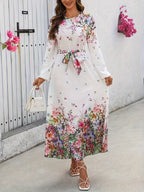 Diamond Rose Long Sleeve Round Neck Dress - Multicolor