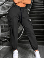New Spring/Autumn Women's Long Pants, Solid Color Comfortable and Breathable Cargo Pants with Elastic Waistband, Drawstring, Large Pockets, Street Style Pants for Daily Outings and Outdoor Wear - Black