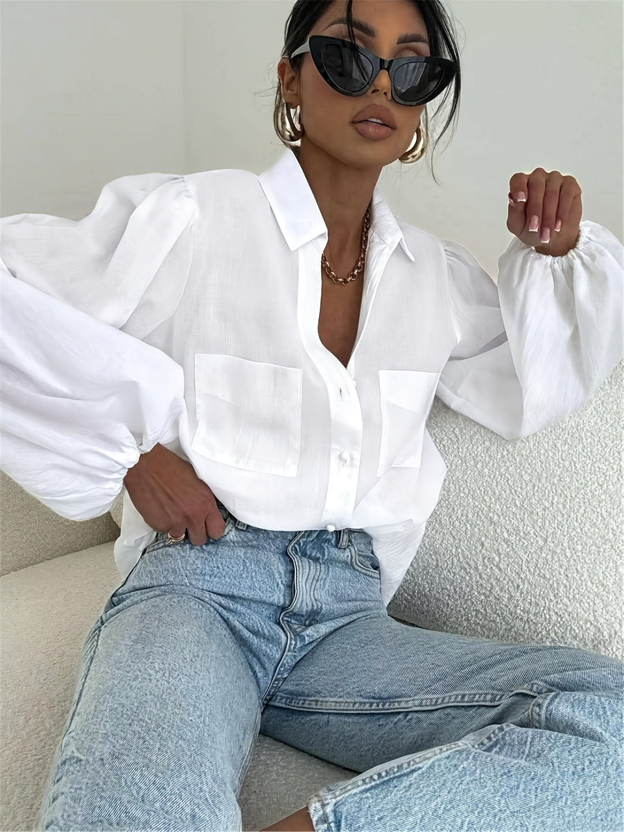Long-sleeved White Loose-fitting Casual Elegant Women's Shirt Top - White
