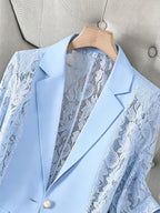 Women'S Thin Patchwork Lace Lightweight Suit Design Casual Temperament Three-Quarter Sleeve Casual Lapel Suit Top - Light Blue