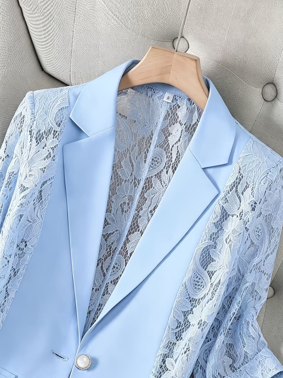 Women'S Thin Patchwork Lace Lightweight Suit Design Casual Temperament Three-Quarter Sleeve Casual Lapel Suit Top - Light Blue