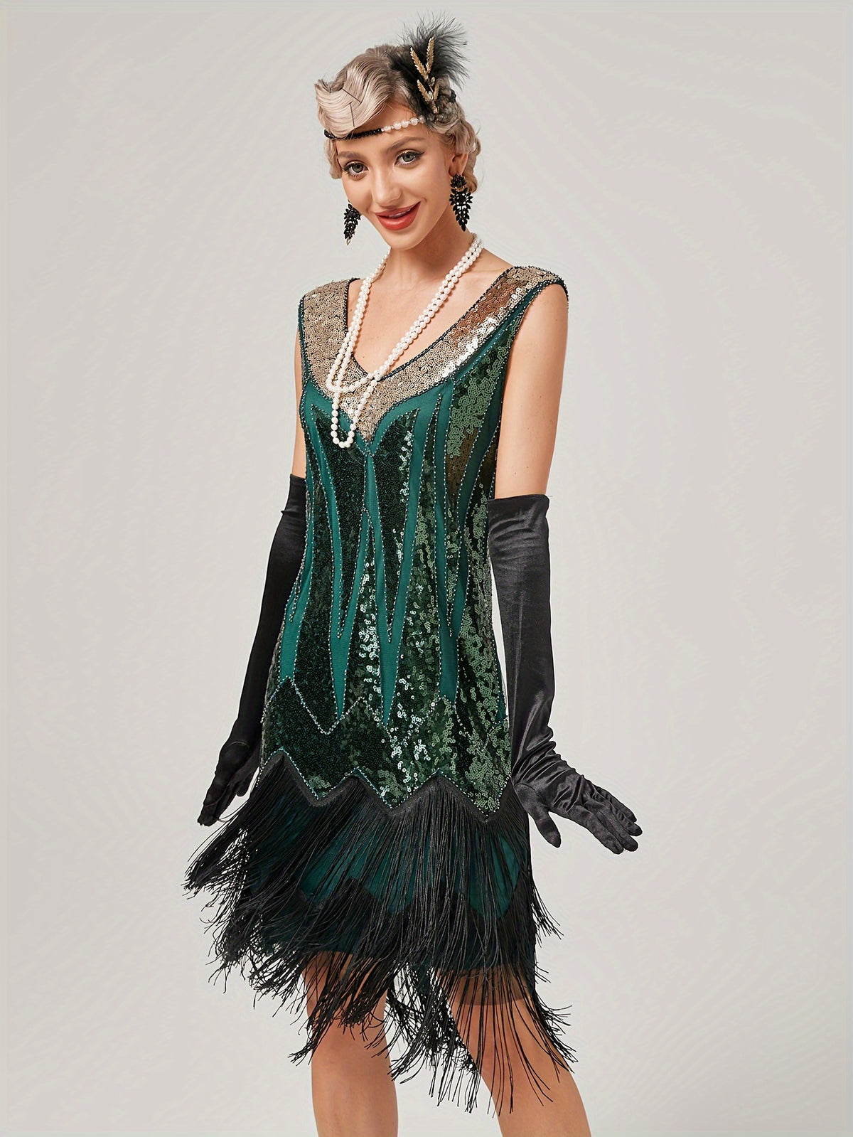 1920s Retro Sequin Gatsby Party Dress with Tassels, Short Sleeve Evening Gown for Banquets and Toasting Ceremonies - In Stock - Golden Green