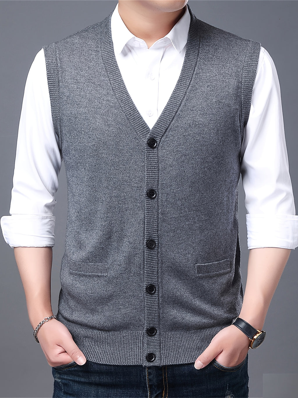 Autumn Winter Men'S Knit Cardigan Vest Men'S Casual Solid Color Pocketed Knit Vest Men'S V-Neck Open Front Sleeveless Sweater - Dark Gray