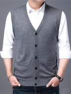 Autumn Winter Men'S Knit Cardigan Vest Men'S Casual Solid Color Pocketed Knit Vest Men'S V-Neck Open Front Sleeveless Sweater - Dark Gray