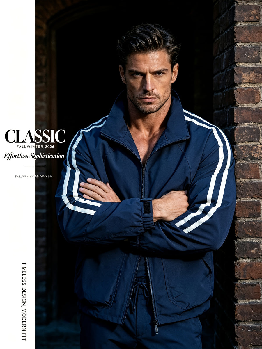 A Spring-Autumn Men'S Multi-Pocket Striped Sports Coat, a High-Quality School-Style Dress Shirt with a Campus Feel, a Comfortable Casual Windproof Jacket for Daily Use, a Stylish Bold Stripe Design for Street Fashion, And an Affordable Jacket - Navy Color