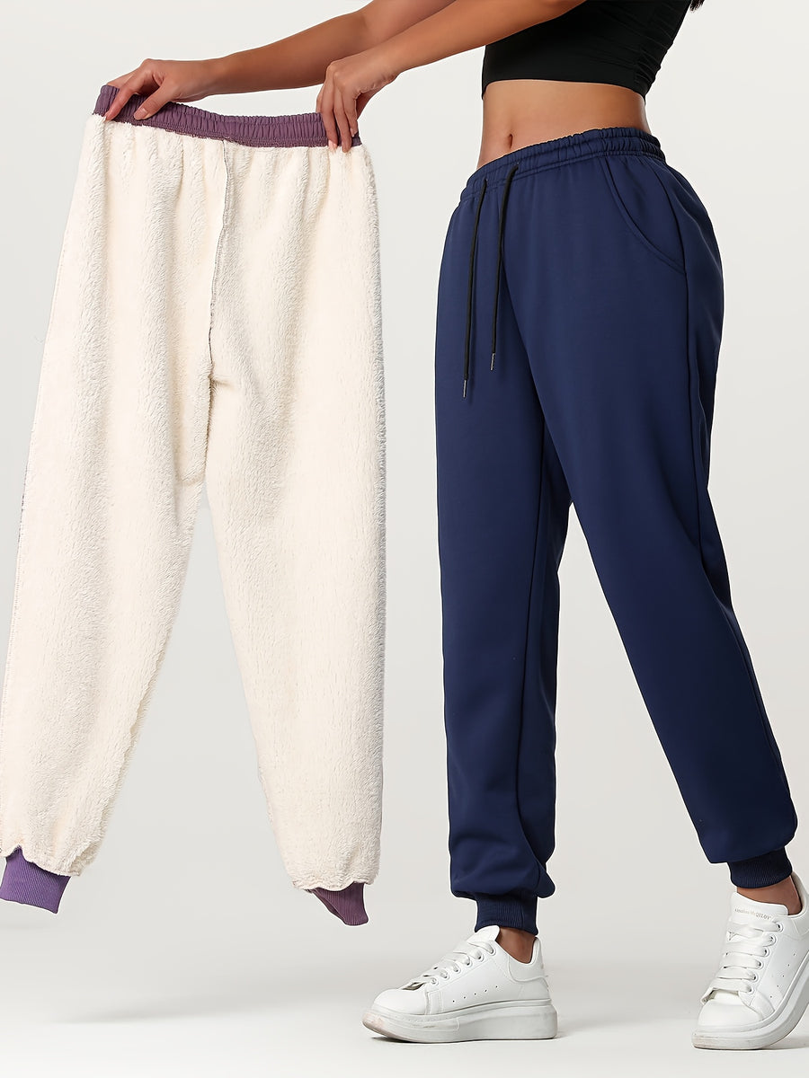 Winter Women'S Athletic Long Pants, Fleece-Lined Thick Casual Trousers with Elastic Waist And Ankle-Cinching Design - Dark Blue