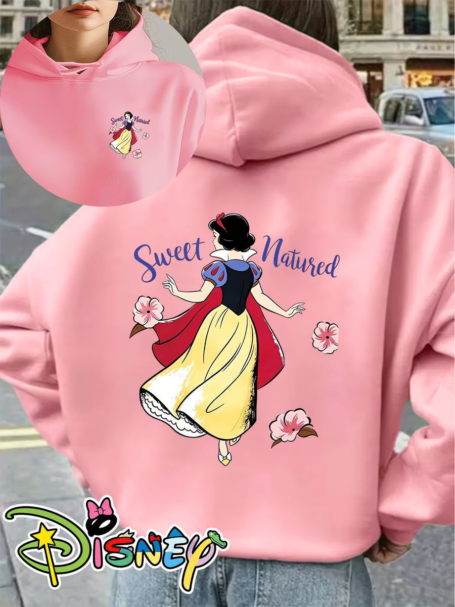 Genuine Women'S Summer Clothing, Snow White Wedding Theme Cartoon Pattern with Flowers And Text Decoration, Autumn Winter Fashion Fleece-Lined Hooded Sweatshirt, Women'S Printed Casual Elegant Top, Cute Top - Pink Color