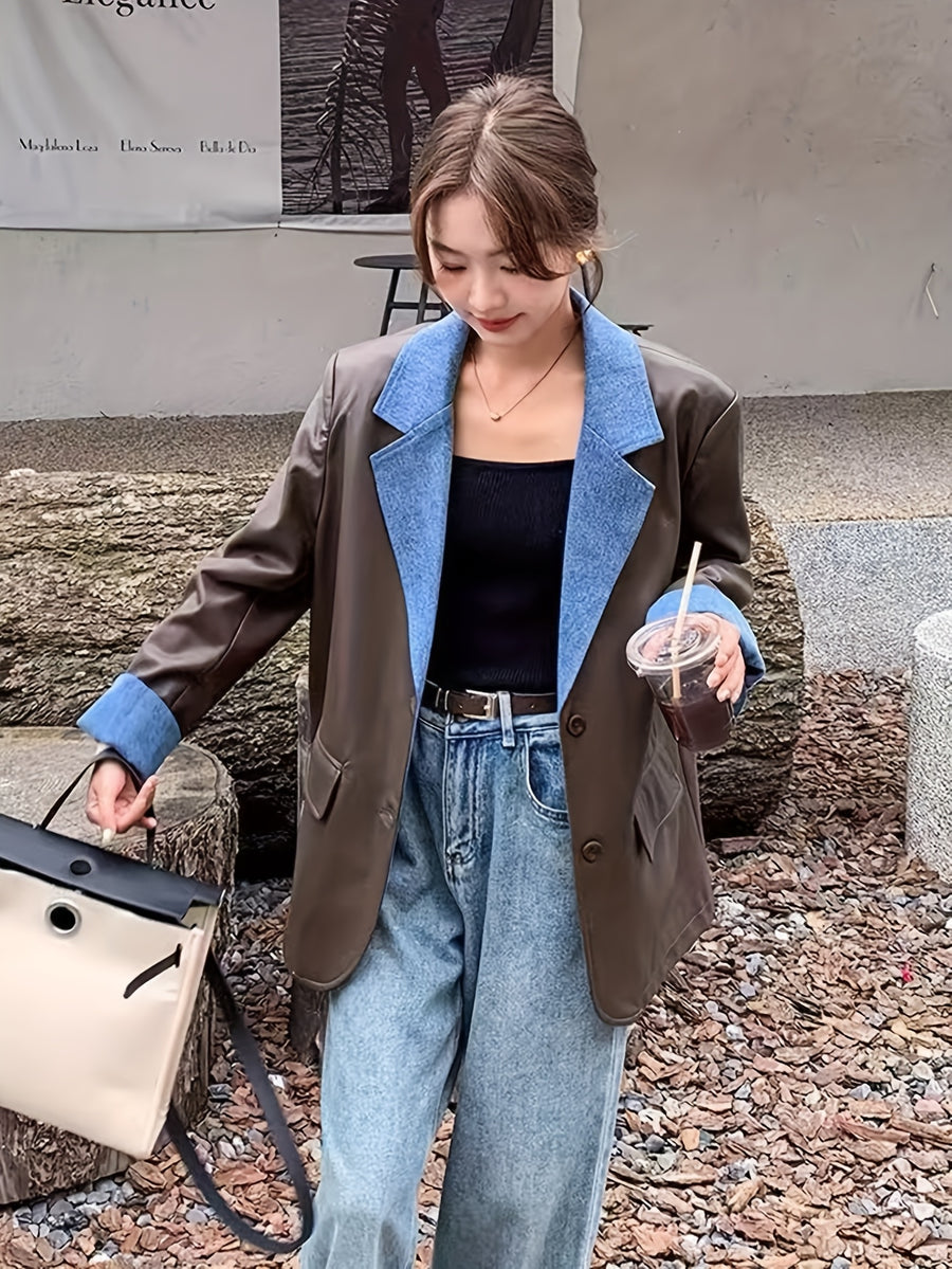 Women'S Fashion Denim Patchwork PU Blazer, Casual Long Sleeve Jacket with Single Button Closure, Perfect for Spring/Fall Wear 15A9884-1 - Dark Brown