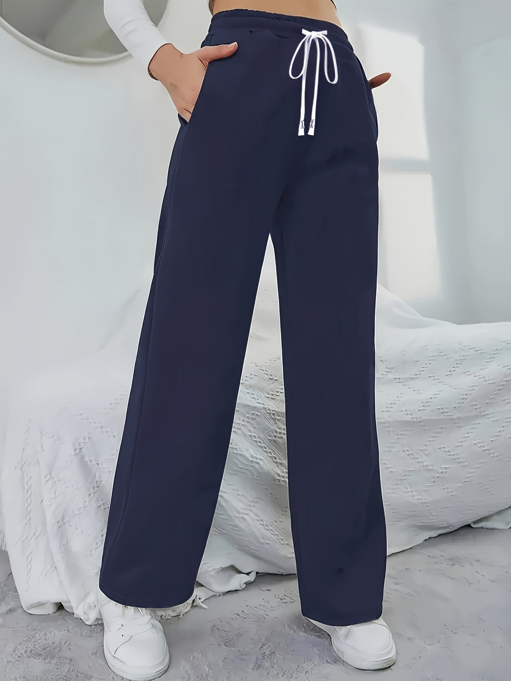 Women's Elegant High-Waisted Wide-Leg Jogger Pants - Navy Blue Tapered Ankle with Drawstring Waist & Double Pocket, All-Season Lightweight Trousers for, Lounge, Outdoor & Casual Attire, Machine Washable Casual Elegant Pants - Royal Blue