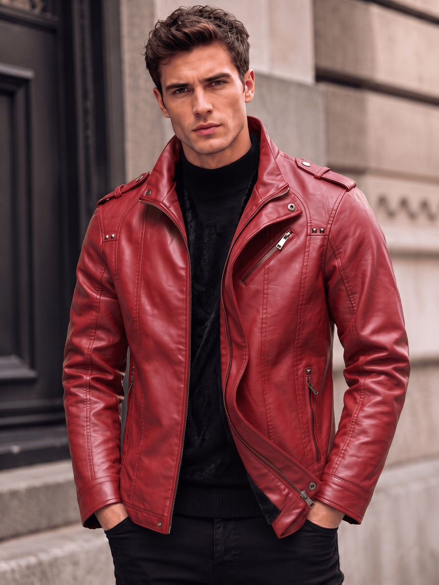 Men's PU PU Leather Biker Jacket with Warm Plush Lining, Stand Collar, Asymmetrical Zip Front, Multiple Zipper Pockets, Shoulder Tabs and Stud Accents for Fall/Winter Commuting, Travel, Streetwear, Dating and Daily Wear - Red