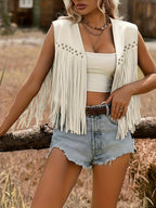 Women'S Casual Solid Color Edge Detail Tassel Vest - Apricot