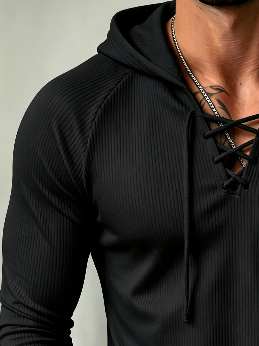 Joshmei OBM American Vintage Men's Slim Fit Ribbed Hooded Long Sleeve Shirt with Cross-Tie Deep V Design, Stretch Textured Long Sleeve, Outdoor Casual Fitness Hoodie T - Black