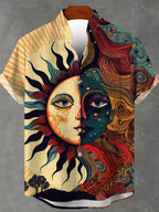 Men's Vintage Sun God and Moon Print Short-Sleeve Shirt, Summer Hawaiian Style Lapel Cardigan, Unique Artistic Vacation Top - Mixed colors