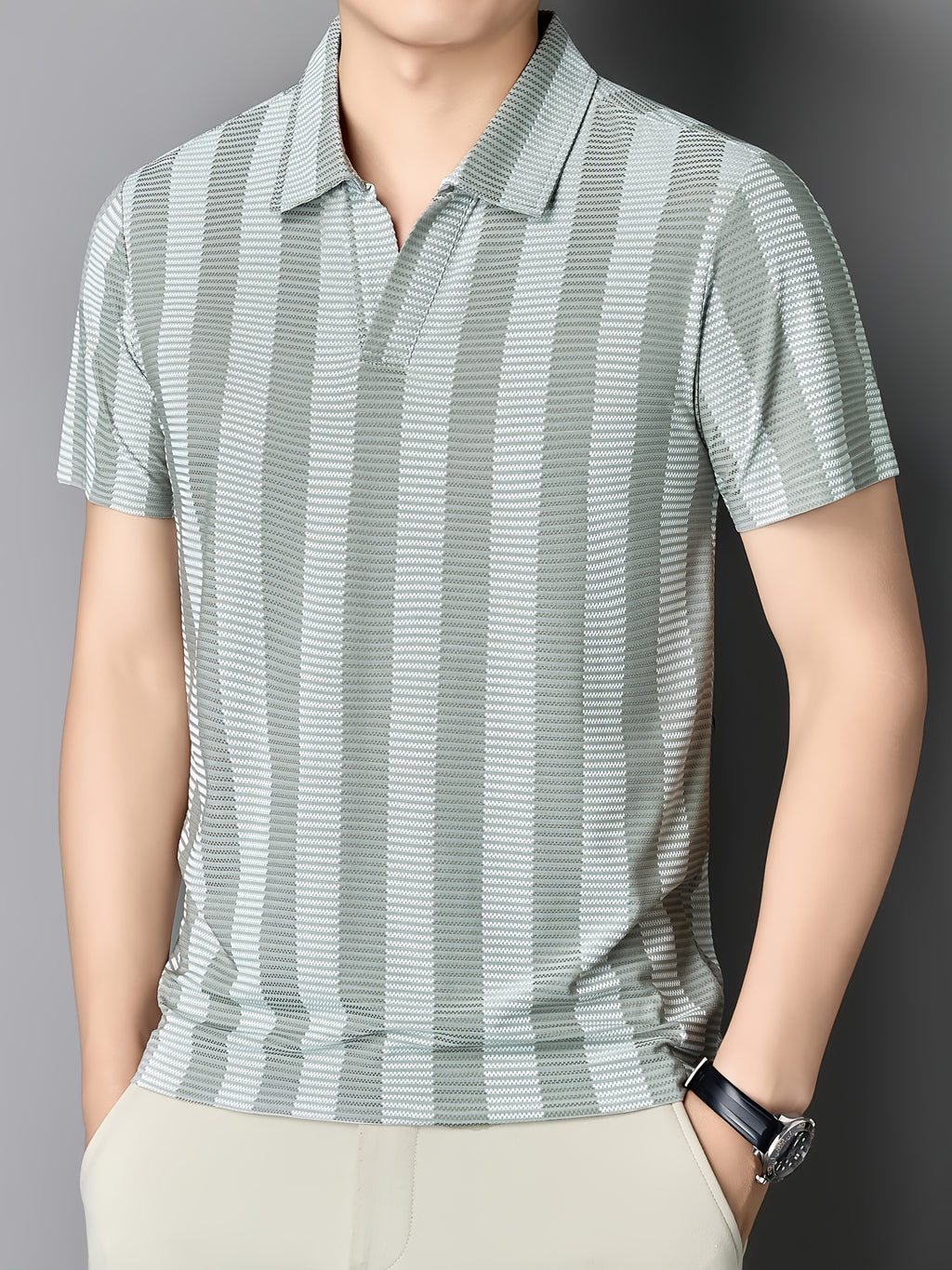 [Sleek Awakening OBM] Spring/Summer New Men'S Polo Shirt, Old Money Style Knit Jacquard Striped Contrast Half-Button Placket Cutaway Collar Short Sleeve T-Shirt for Men, Fashionable And Versatile Pullover Base Layer Top - Light Grey