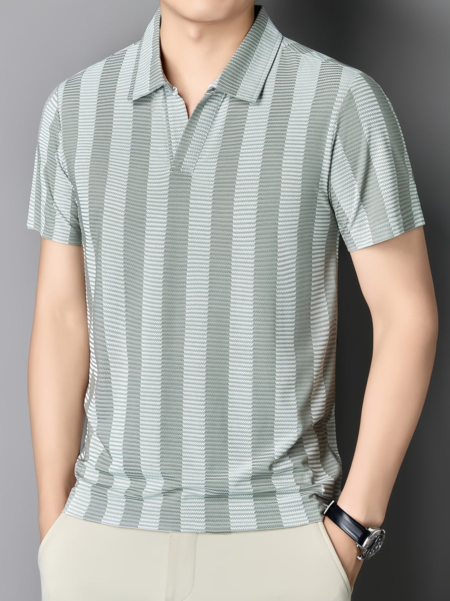 [Sleek Awakening OBM] Spring/Summer New Men'S Polo Shirt, Old Money Style Knit Jacquard Striped Contrast Half-Button Placket Cutaway Collar Short Sleeve T-Shirt for Men, Fashionable And Versatile Pullover Base Layer Top - Light Grey