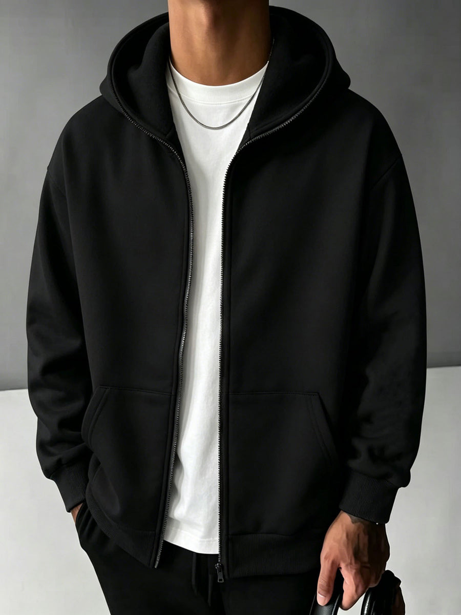 New Men'S Solid Color Autumn Winter Casual Athletic Top Men'S Hooded Zipper Sweatshirt - Black