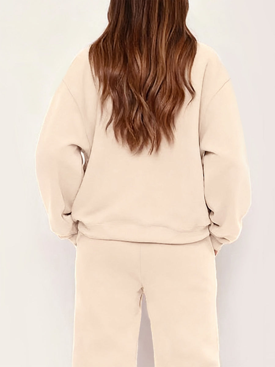 Graphic Print 2pcs Set, Crew Neck Sweatshirt & Pants, Women's Clothing - Apricot