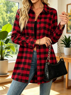 Plaid Long Shirt Jacket, Casual, Loose, Versatile Women'S Mid-Length Plaid Shirt, Classic Lapel Mid-Length Long-Sleeved Shirt, Full Open Placket with Metal Buttons, American Retro Casual Style - Red And Black Grid