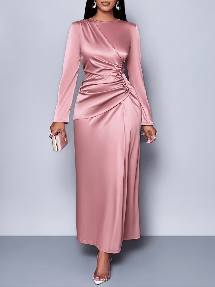 Women'S Elegant Solid Color Ruched Side Satin Bodycon Dress Suitable for Dating Party Maxi Women Outfit - Pink