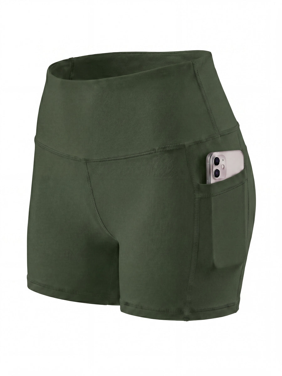 Summer Fashion Women's High-Waist 3-Inch Shorts with Pockets, Moisture-Wicking Summer Style - Anti-See-Through, Tummy Control, Non-Slip Waistband - Olive Green