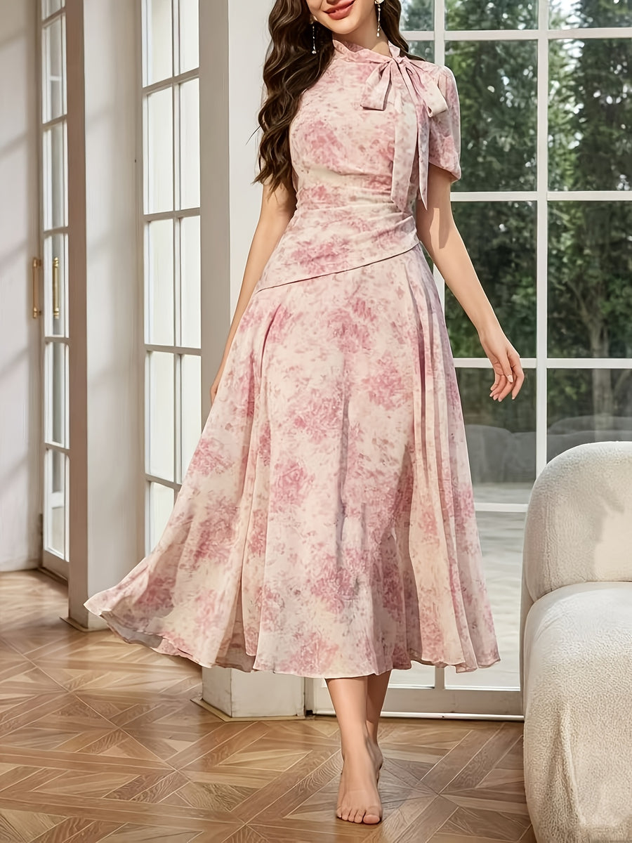 Women'S Dress, Fashion Stand Collar Tie-String Holiday Long Dress, Elegant Printed Fitted Short Sleeve Dress - Pink