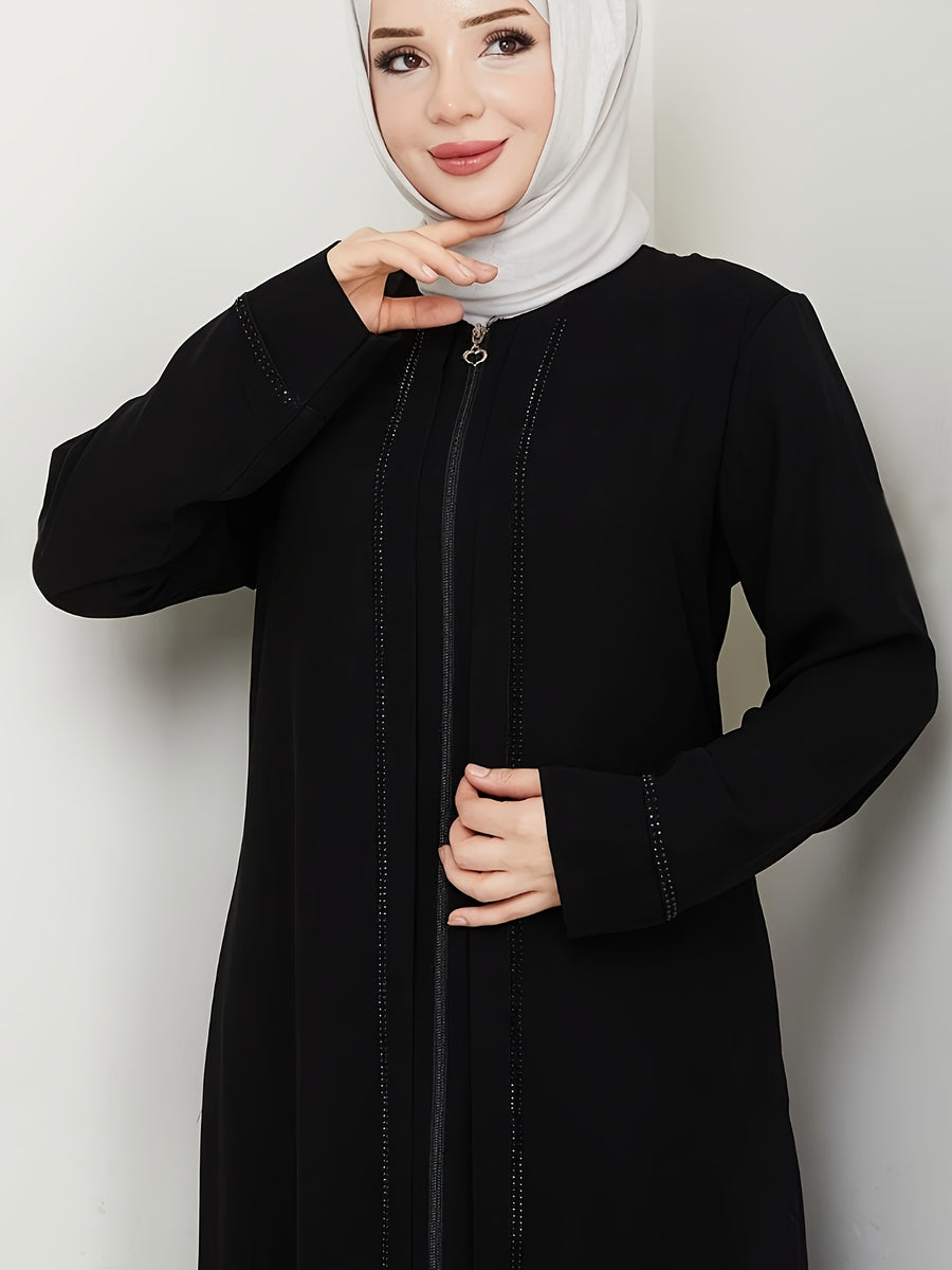 Middle Eastern Muslim Elegant Rhinestone Zipper Robe 8376 - Black