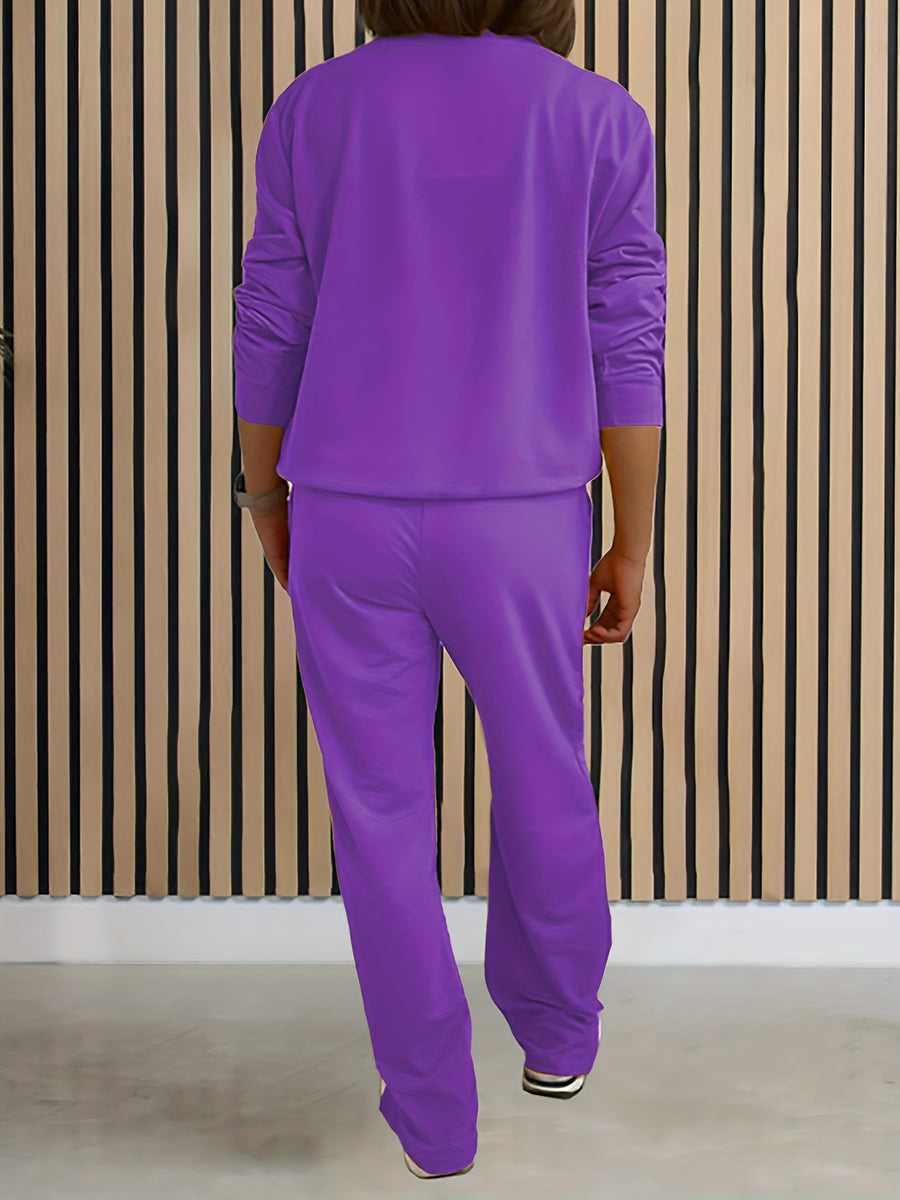 Women'S Solid Color Two-Piece Casual Long Sleeve Front Zipper Hoodie with Drawstring Straight Leg Pants Outfit - Purple