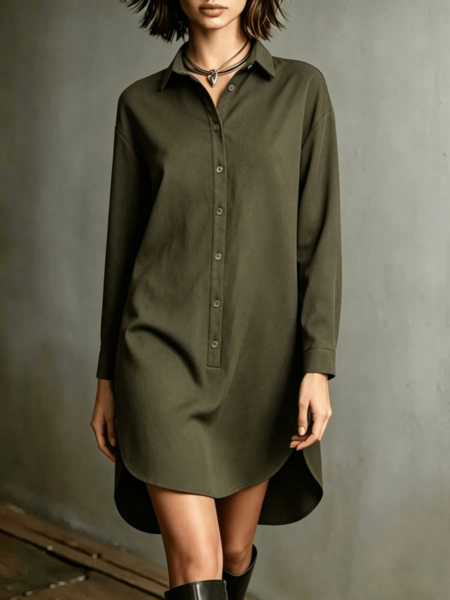 Women's Midi-Length Shirt for Autumn/Winter, Loose-Fit Lapel Half-Open Front Long-Sleeve Casual Top, -Like Texture Midi-Length Blouse, Women's Loose Lapel Versatile Midi-Length Top for Autumn/Winter, Loose Long Shirt, Women's Lapel Half-Open Front - Olive Green