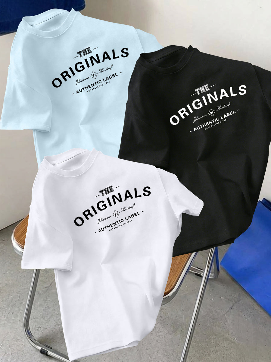 3pcs Set Men's Pure Cotton Short-Sleeve Crew Neck T-Shirt with Letter Print Pattern, Casual, Comfortable, Soft, Breathable, Essential for Summer - White+Black+Light Blue