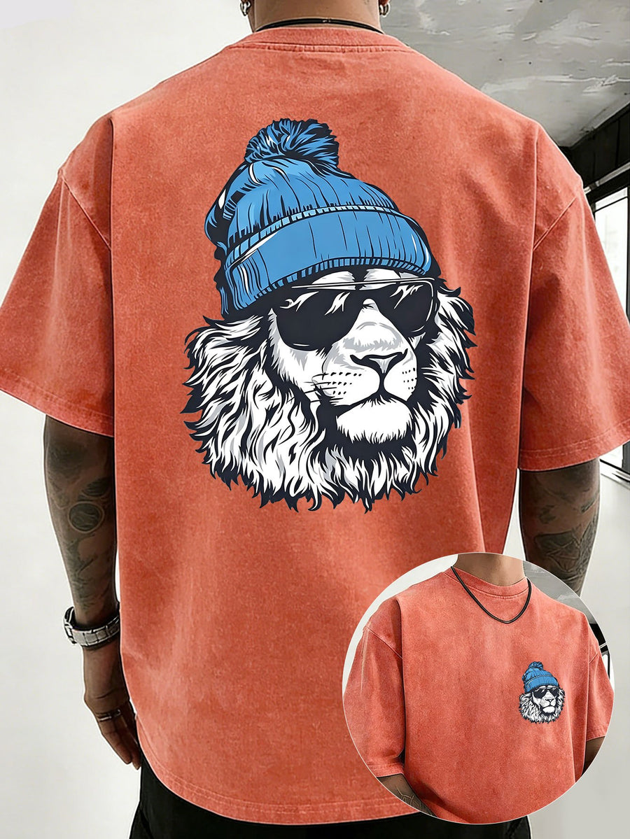 Men's Heavyweight Washed Distressed Loose-Fit Short-Sleeve T-Shirt with Reversible Print, Available in 12 Colors for Mix & Match, National Trend Y2K Style for Daily Commuting, Sports, Fitness, Couples, Streetwear, and Outings - Orange