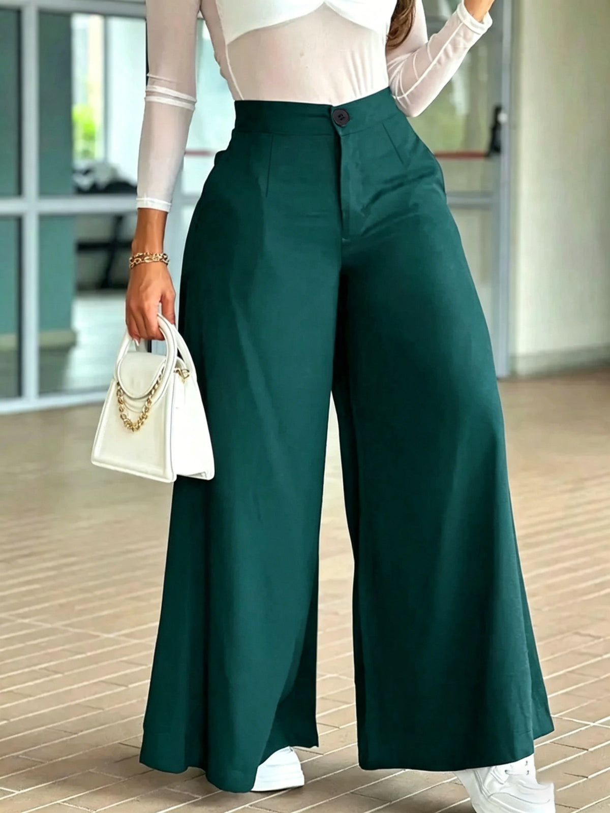HMY Women's High-Waisted Wide-Leg Suit Pants, High-Quality Draping Fabric, Loose-Fit Straight-Leg Floor-Length Casual Trousers + Tab Lan - Dark Green
