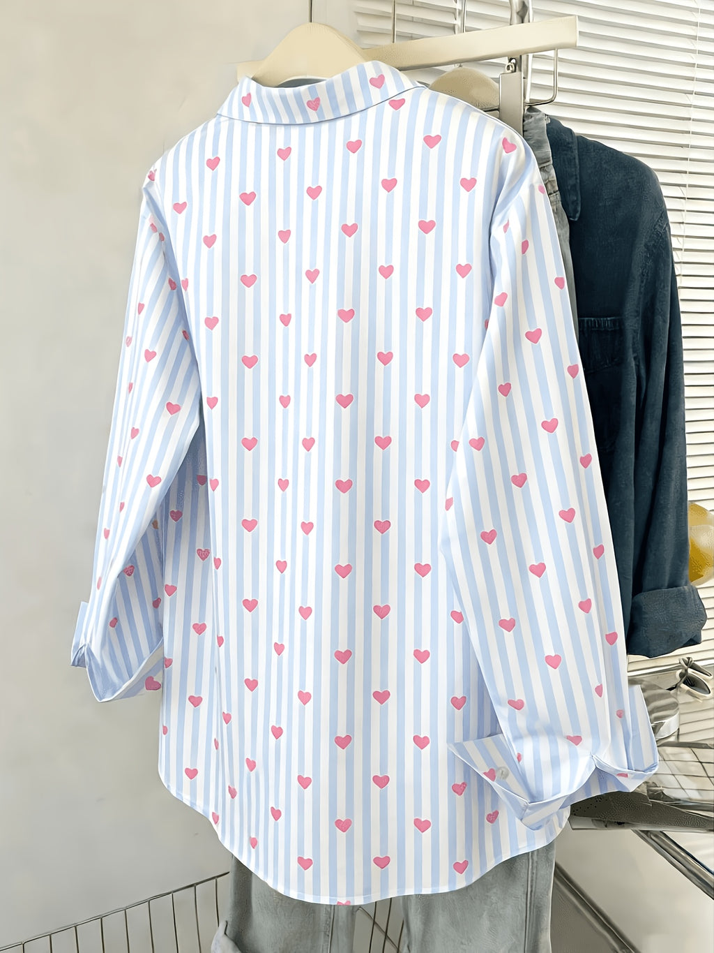 Women's Casual Loose Striped Heart Print Shirt - Blue