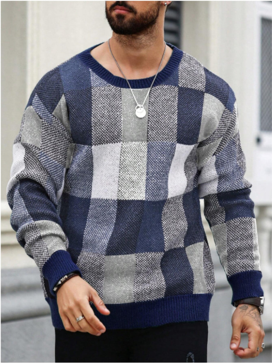JANE DRESSINGLOG Men's Retro Casual Color Blocked Knitted Hoodie, Trendy Grid Color Block Splicing Long Sleeve Round Neck Warm Knitted Sweater, Suitable for Daily Street Commuting and Outing in Autumn and Winter - Navy blue color