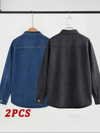 Spring/Autumn Men's Loose-Fit Streetwear Style Cool and Handsome Long-Sleeve Denim Shirt with American-Style Jacket Outer, 2pcs Set - Dark blue + black gray