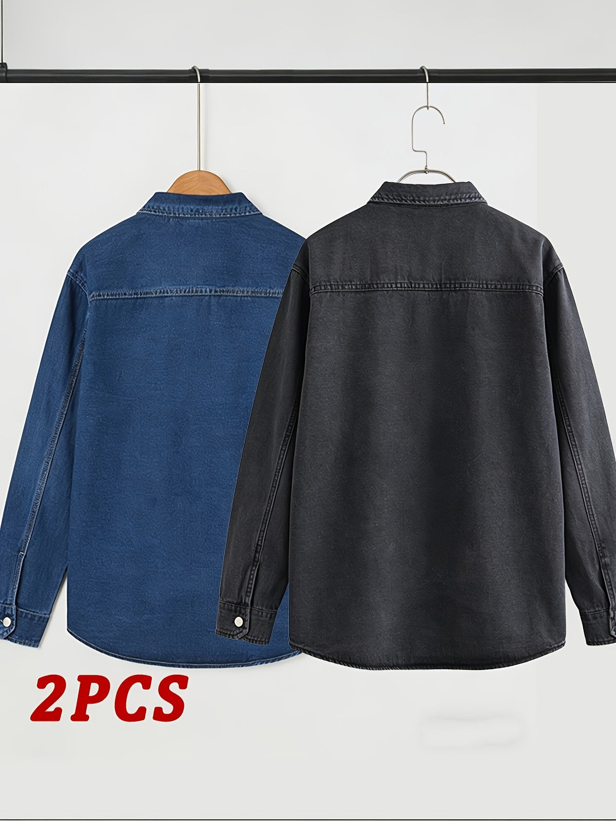 Spring/Autumn Men's Loose-Fit Streetwear Style Cool and Handsome Long-Sleeve Denim Shirt with American-Style Jacket Outer, 2pcs Set - Dark blue + black gray