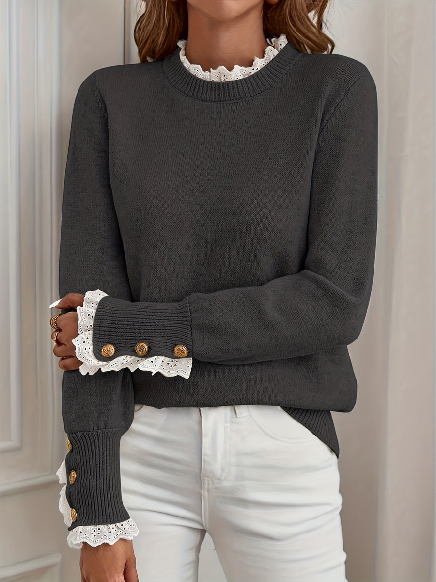 One Autumn-Winter Women's High-End Elegant Pullover with Lace Detail, Item Number ZJ1204018 - Deep Grey