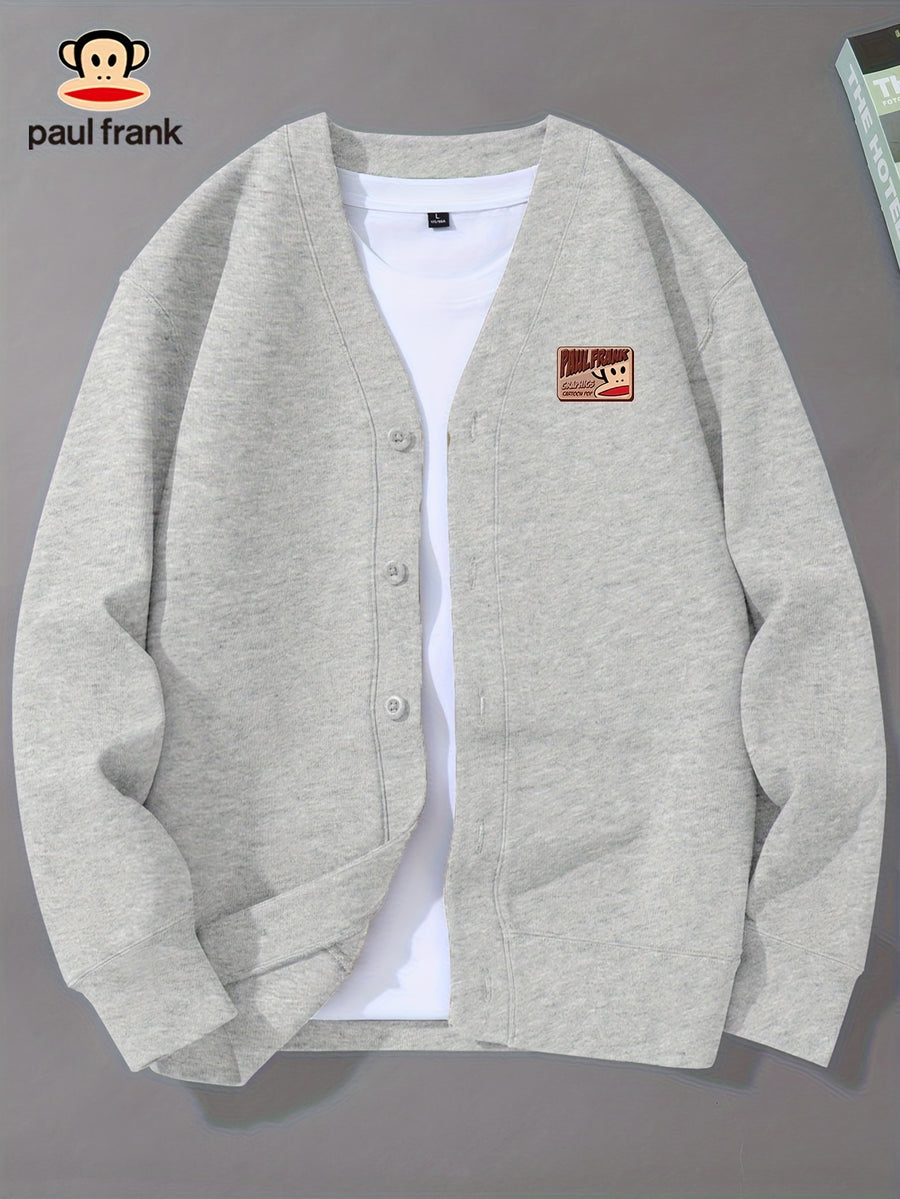 Paul Frank Men's Knit Casual Button-Up Cardigan with Slanted Monkey Logo Print - Grey