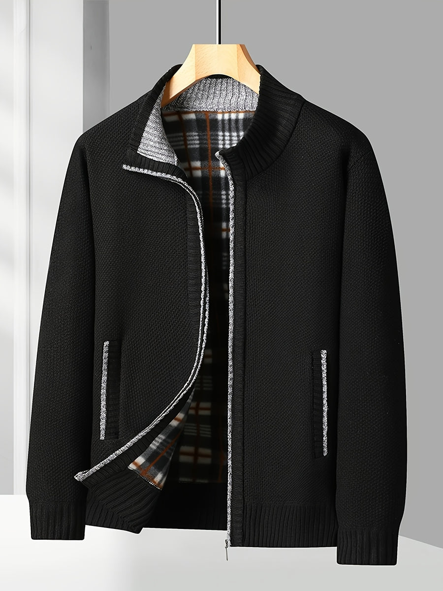Easy And Casual Men'S Thick Knitted Cardigan, Autumn And Winter Stand Collar Zipper Top Classic Basic Style with Practical Double-Sided Pockets, Basic Style for Daily Wear of Young And Middle-Aged People - Black