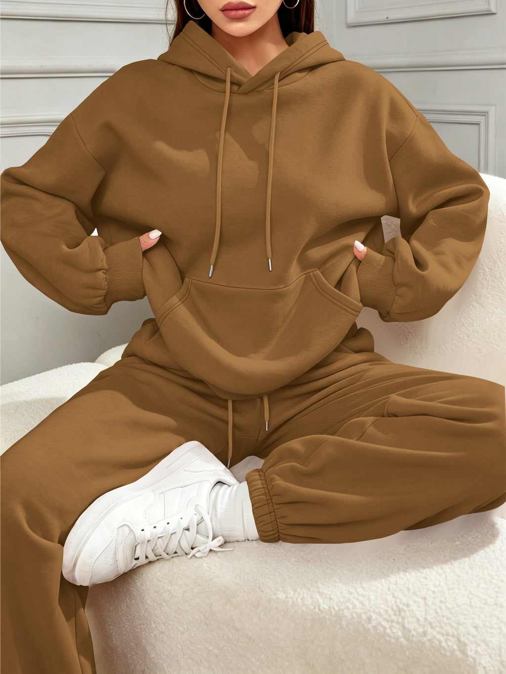 Halloween New Cross-Border Fashion Casual Vacation Set for Women, Autumn/Winter Sweatshirt And Sweatpants with Pockets, Women'S Foreign Trade Fashion, Autumn/Winter Essential Women'S Easy Sweatshirt Set, Pullover - Khaki