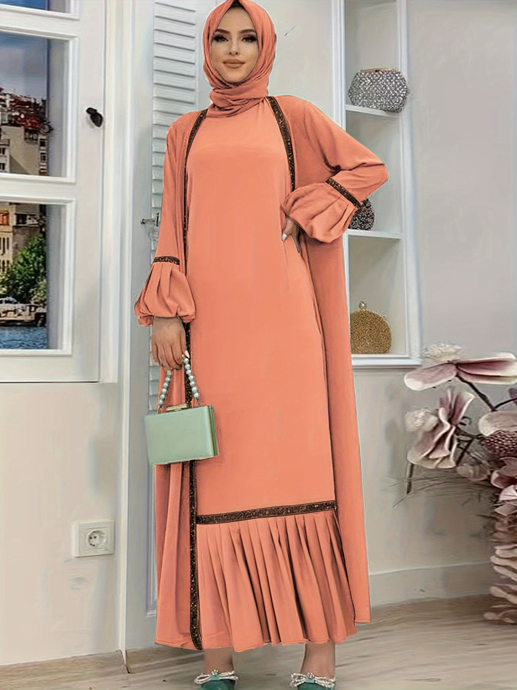 Women'S Middle Eastern Muslim Solid Color Vest Dress + Coat Two-Piece Set - Coral