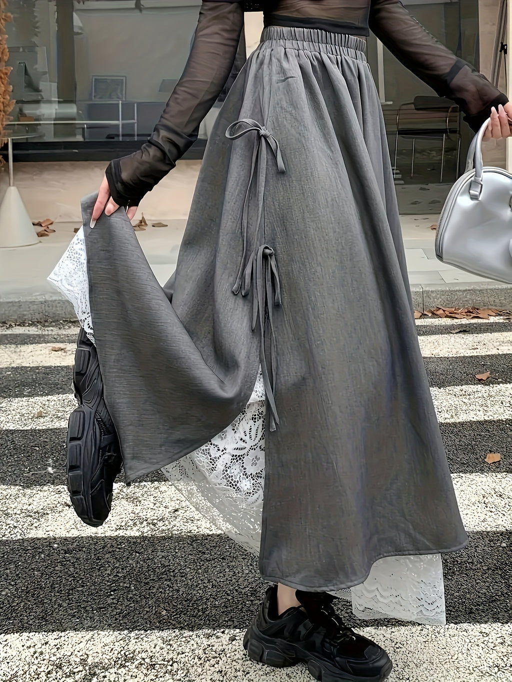 Autumn and Winter Lace Spliced Slit Skirt with Bow, Women's Elastic Waist A-Line Long Skirt - Grey