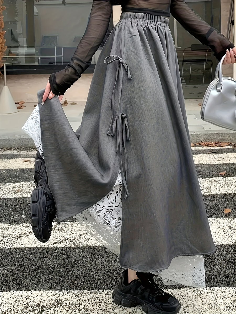 Autumn and Winter Lace Spliced Slit Skirt with Bow, Women's Elastic Waist A-Line Long Skirt - Grey