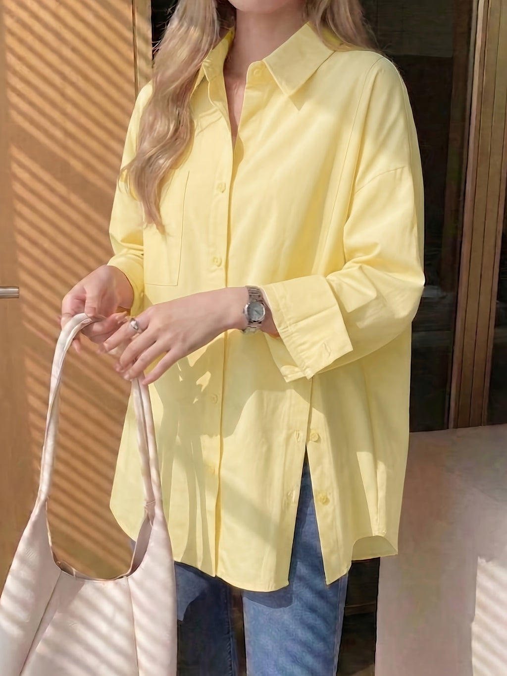 Plus Size Women'S Solid Color Casual Versatile Side Slit Long Sleeve Shirt - Yellow